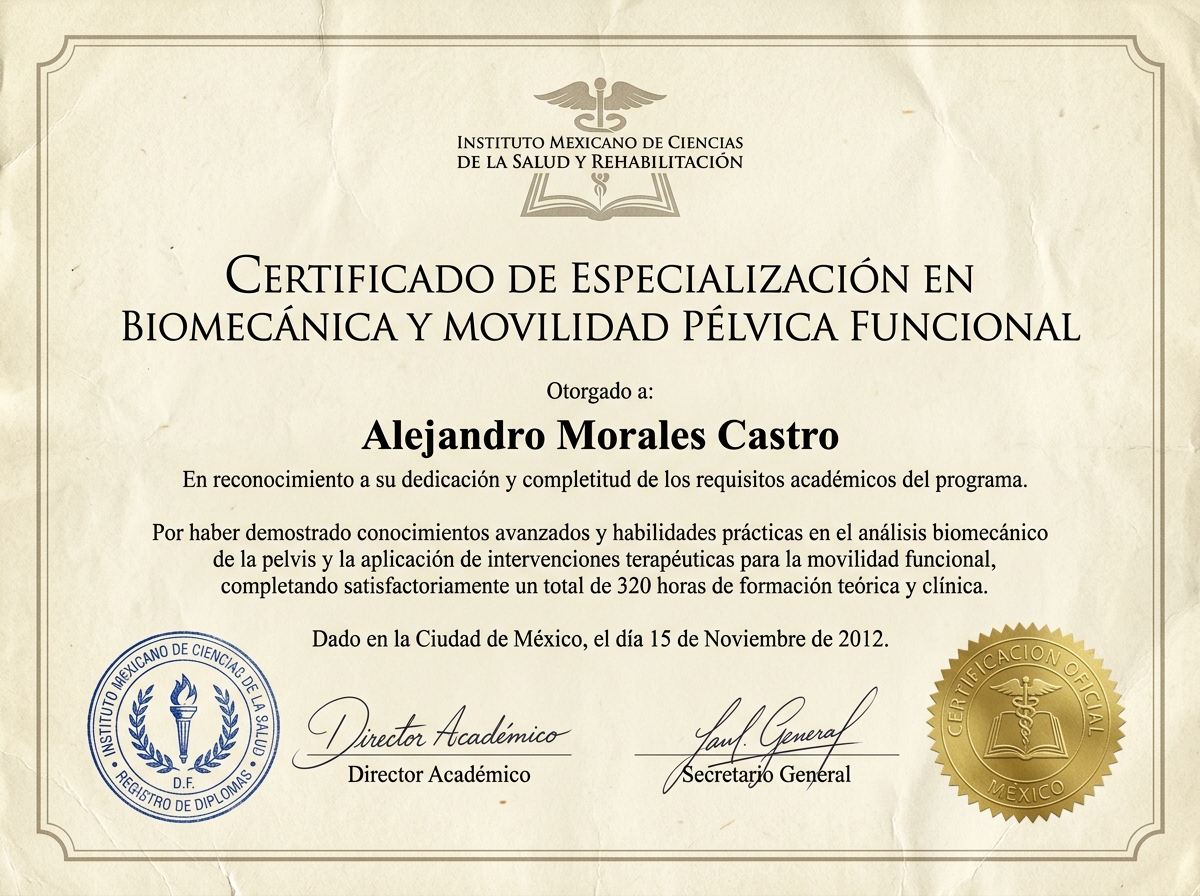 Certificado de Especialización en Biomecánica y Movilidad Pélvica Funcional - Lic. Alejandro Morales Castro