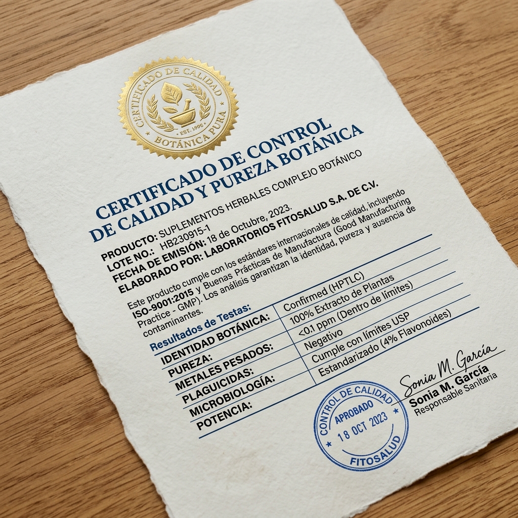 Certificado de Control de Calidad y Pureza Botánica - Laboratorios Fitosalud S.A. de C.V.